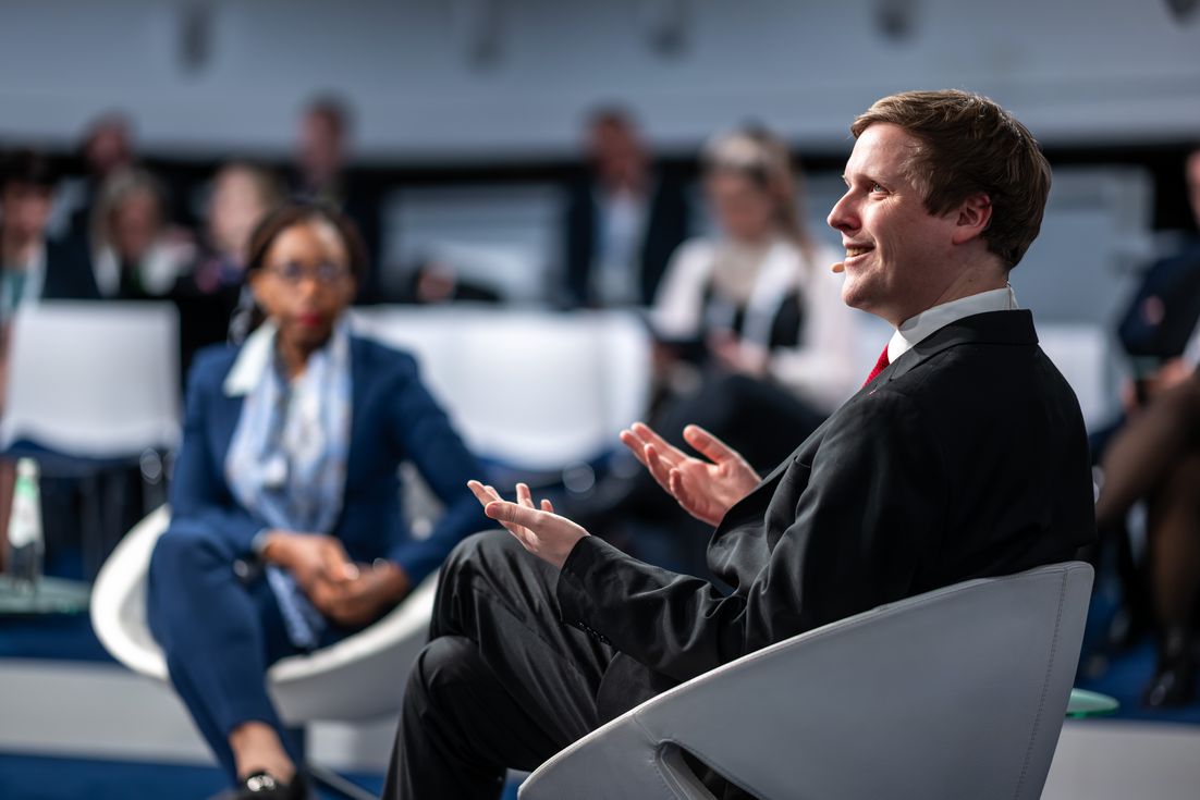 Åsmund Grøver Aukrust in the Townhall "Between Bombs and Blockades: Tackling Food Insecurity in Unstable Times" at the Munich Security Conferencez 2025